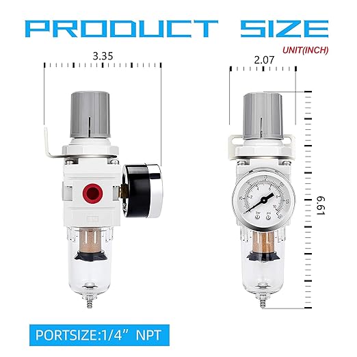 NANPU 1/4" NPT Compressed Air Filter Regulator Combo Piggyback, 5 Micron Brass Element, Poly Bowl, Semi-Auto Drain, Metal Bracket, 0-150 psi Gauge, Ball Valve - Image 3