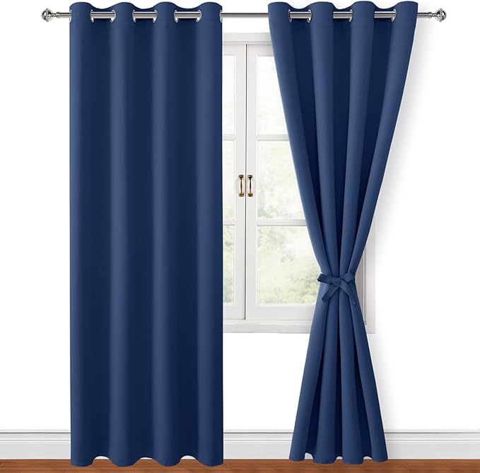 Hiasan Blackout Curtains for Bedroom, 52 x 96 Inches Long - Thermal Insulated & Energy Saving Window Curtains for Living Room, 2 Drape Panels Sewn with Tiebacks, Navy by Hiasan