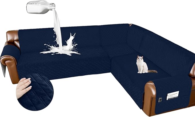 Arfntevss Waterproof Sectional Couch Covers L Shape Washable Velvet Sofa Cover for Sectional Non Slip Large Corner Slipcovers Dog 6 Pcs Universal U Shaped Furniture Protector (Navy Blue, X-Large) by Arfntevss