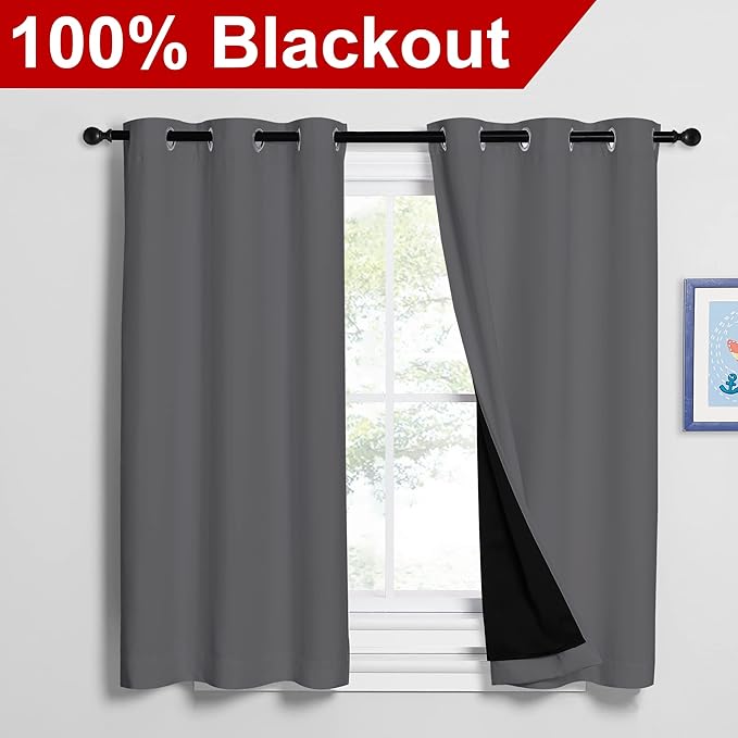 NICETOWN Grey 100% Blackout Curtains 2 Panels with Black Liners, Thermal Insulated Full Blackout 2-Layer Lined Drapes, Noise Cancellation Window Draperies for Dining Room (42-inch W by 54-inch L) - Image 2