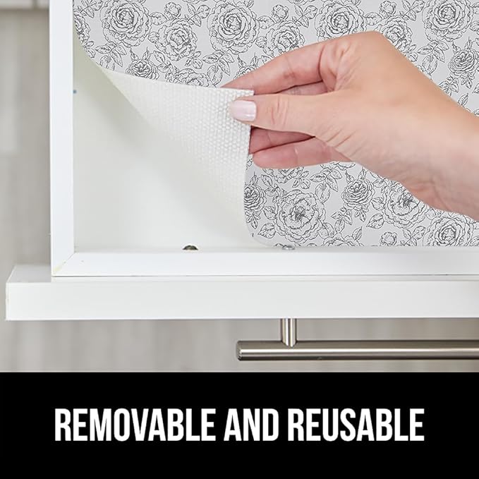 GORILLA GRIP DripGuard Shelf Liner, Non-Adhesive Drawer and Kitchen Cabinet Protector, Strong Grip Slip Resistant Underside, Smooth Surface Liners for Cabinets Bathroom Closets 17.5x120 In Floral Gray - Image 6