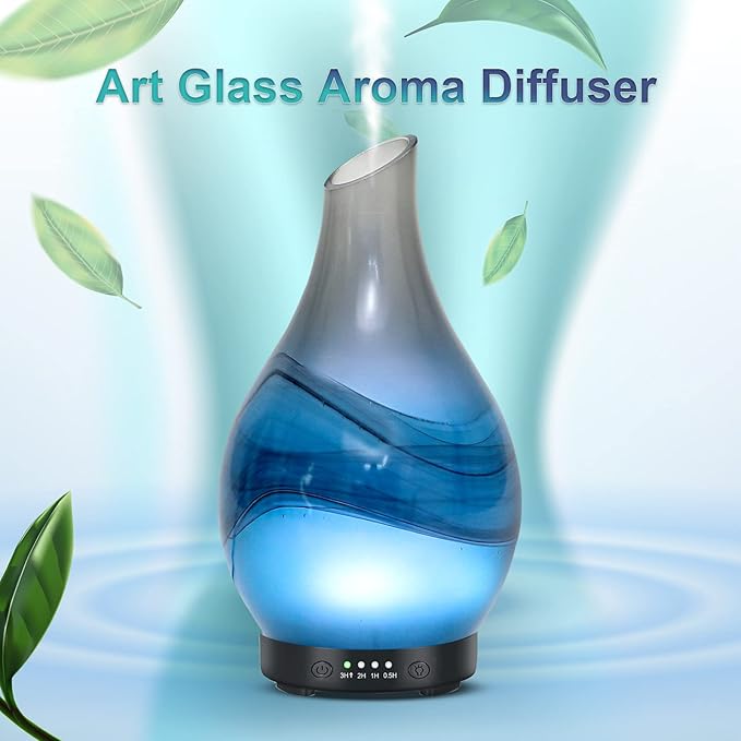 MAXWINER Essential Oil Diffusers Handmade Art Glass Ultrasonic Aromatherapy Diffusers with 7 Colors Lights Changing, Waterless Auto Shut-Off, Time Setting for Home, Office, Room 120ml - Image 5