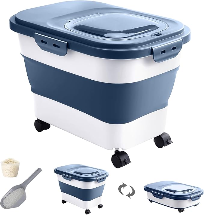 20-30 Lbs Rice Storage Container,Collapsible Food Storage Containers with Rolling Wheel Airtight Locking Lid,Flour Storage Container with Cup and Scoop,Suitable for Food,Rice,Pet Food,Flour by DDMOMMYCOLLAPSIBLEFOODSTORAGECONTAINERFAMILY