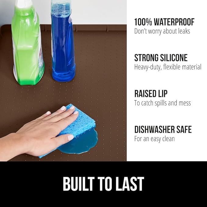 GORILLA GRIP Waterproof Silicone Under Sink Mat with Raised Lip for Kitchen and Bathroom, Cabinet Shelf Liner Stay in Place Mats Dishwasher Safe Drawer Liner, Organizer Tray, 19 x 22 in, Coffee - Image 2