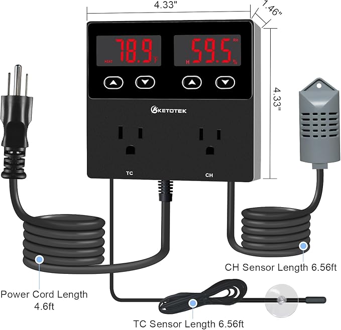 KETOTEK Digital Temperature and Humidity Controller Outlet, Reptile Thermostat Plug Dual Stage Pre-Wired for Mushroom Greenhouse Homebrew - Image 7
