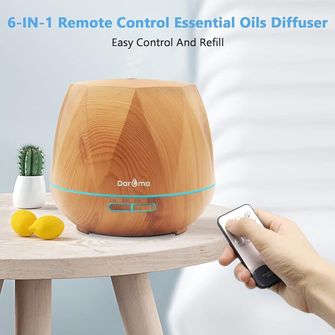 550ml Essential Oil Diffuser, DAROMA Upgraded Remote Control 6 in 1 Aromatherapy Ultrasonic Cool Mist Humidifier, 7 Color Changing Mood Lights & Waterless Auto-Off for Home Office Gift, Light Wood - Image 2