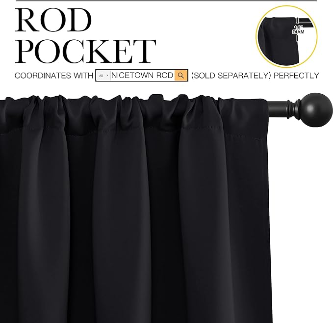 NICETOWN Black Blackout Curtain Blinds - Solid Thermal Insulated Window Treatment Blackout Drapes for Bedroom (2 Panels, 70 inches Wide by 95 inches Long) - Image 3