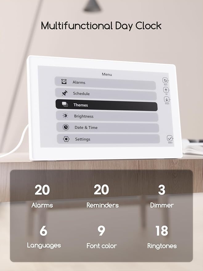 Raynic Digital Clock,10.1 Inch Large Display Calendar Clock with 12 Themes, 20 Alarms, 20 Reminders, Auto Dimming, 12/24 Hours for Seniors, Desk (White, 10.1 Inches) - Image 4