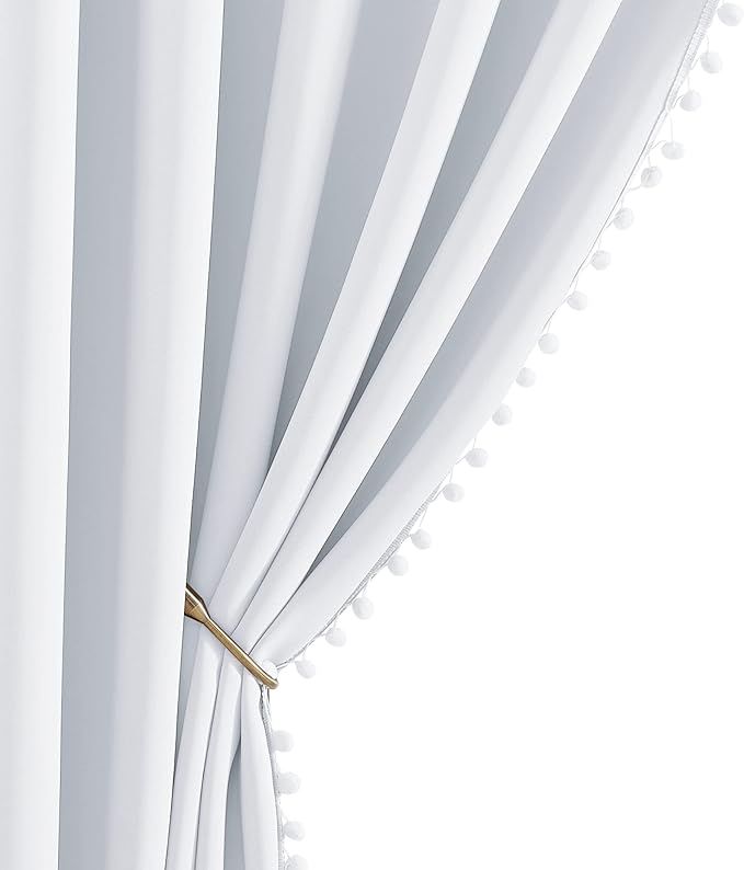 NICETOWN Pom Poms Trimming Blackout Curtains, Farmhouse Blackout Window Curtains Set of 2 Panels, Thick Thermal Insulated Vertical Drapes for Girls Boys Room Playroom, Greyish White, W52 x L84 inch by NICETOWN