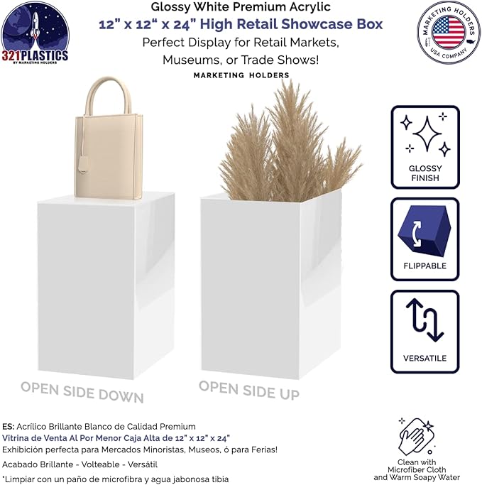 Marketing Holders Acrylic Display Riser Box White Acrylic Pillar 12" x 12” x 24” No Lid Hollow Pedestal Plinth 5 Sided Retail Merchandise Display Flower Tower Elevated Vertical Box Product Showcase - Image 2