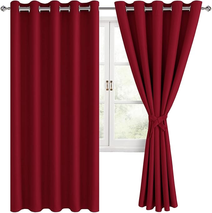 Hiasan Blackout Curtains for Bedroom, 60 x 63 Inches Length - Thermal Insulated & Light Blocking Window Curtains for Living Room, 2 Drape Panels Sewn with Tiebacks, Christmas Red - Image 2