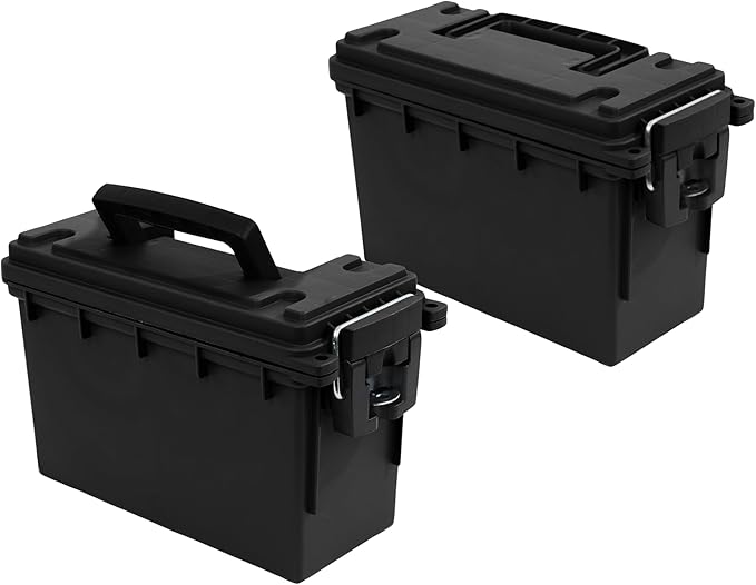 Sheffield 12790 2-Pack Ammo Storage Box, Stackable .30 Cal Field Boxes, Water and Dust Resistant, Lockable Storage Box with Handle, Secures Hunting Gear, Supplies, and Bullets, Made in USA, Black by Sheffield