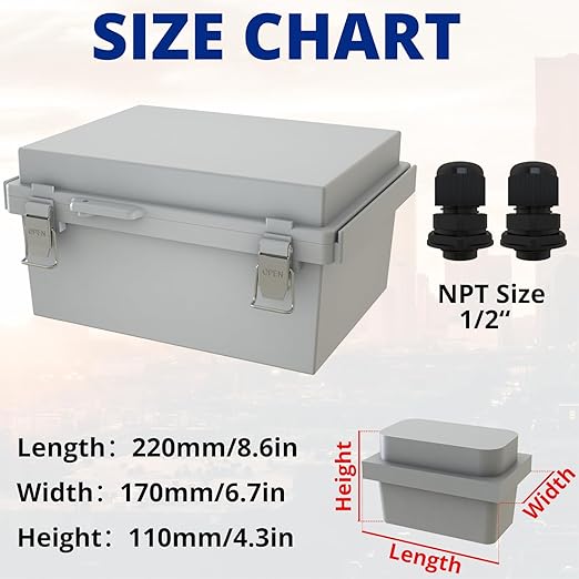 MAKERELE Small Electrical Junction Boxes Plastic Gray IP67 ABS with Electrical Waterproof Performance Including Mounting Plate,Stainless Steel Buckle and 1/2" NPT*2(8.7"×6.7"×4.3") - Image 2