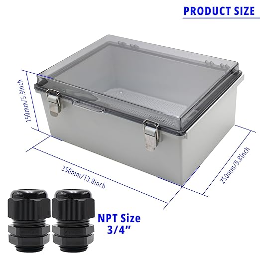 MAKERELE Outdoor Junction Box ABS Plastic Waterproof Universal Electrical Project Box Grey Enclosure with Transparent Cover 13.8×9.8×5.9inch（350×250×150mm） - Image 2