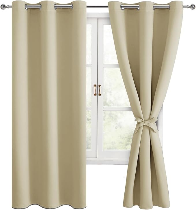 Hiasan Blackout Curtains for Bedroom, 38 x 63 Inches Length - Thermal Insulated & Light Blocking Window Curtains for Living Room, 2 Drape Panels Sewn with Tiebacks, Light Beige - Image 9