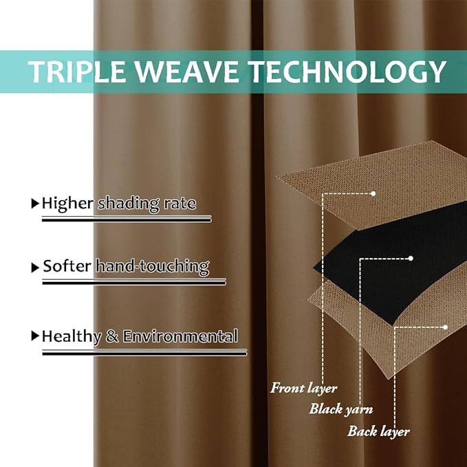 NICETOWN 100% Blackout Short Curtains with Black Liners, 2 Panels, 37" W by 60" L, Gold Brown, Solid Thermal Insulated Full Blackout 2-Layer Lined Drapes, Energy Efficiency Window Drapes for Bedroom - Image 6