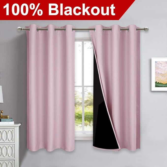 NICETOWN 100% Blackout Short Curtains with Black Liners, 2 Panels, 37" W by 63" L, Baby Pink, Solid Thermal Insulated Full Blackout 2-Layer Lined Drapes, Energy Efficiency Window Draperies for Bedroom - Image 2