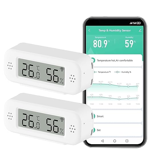 Smart Digital Thermometer Hygrometer, WiFi Indoor Temperature & Humidity Sensor for Home Use, Mini Humidity Monitor with App Remote Monitoring, Data Export, Compatible with Alexa. 2 PCS by QXMH