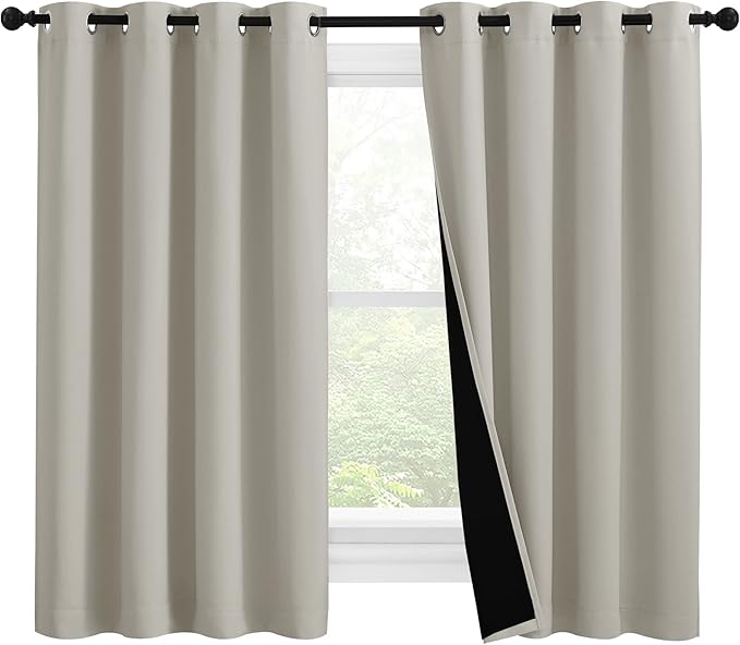 NICETOWN 100% Blackout Curtains 57 inches Long, Double-Deck Completely Blackout Window Treatment Thermal Insulated Lined Drapes for Small Window (Natural, 1 Pair, 55 inches Width Each Panel) by NICETOWN
