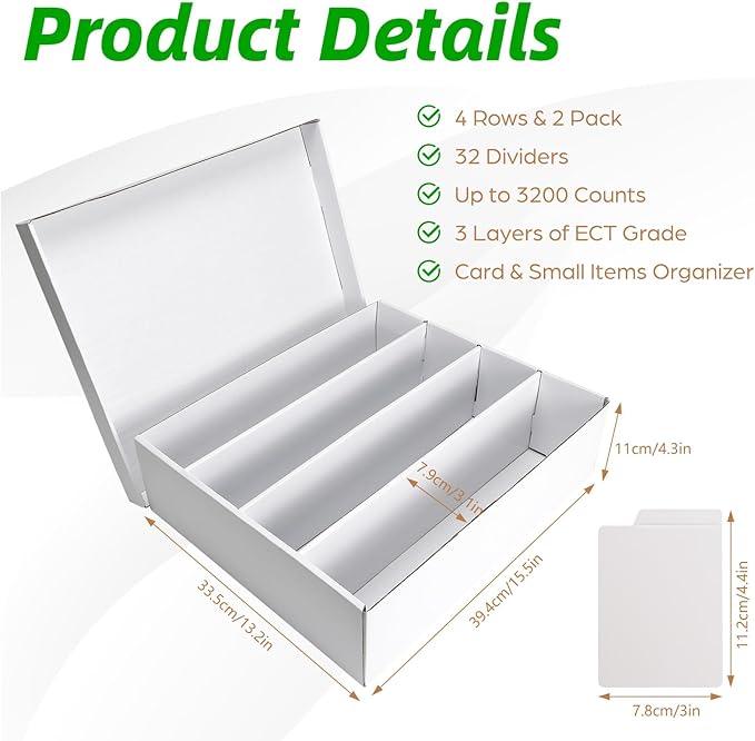 Calenzana 3200-Count Trading Cardboard Card Storage Boxes 2 Pack, 4 Row White Card Box with 32 Dividers, Baseball, MTG, TCG Card Organizer - Image 2