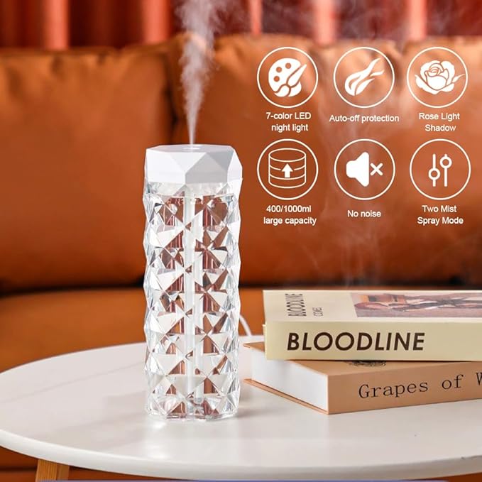 USB Desktop Crystal Humidifier 1000ml with 7 Colors LED Night Light, No Noise Suitable for Home, Office, Desk, Bedroom and Babies Room and No Battery (1000ml) - Image 3