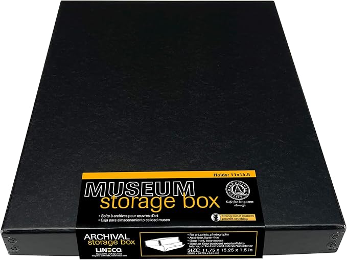 Lineco Museum Archival Storage Box, 11.75x15.25x1.5 in. Drop Front Design. Acid-Free with Metal Edge. Organize Photos, Pictures, Prints, Documents, Crafts, DIY. Black, 1 Pack by Lineco