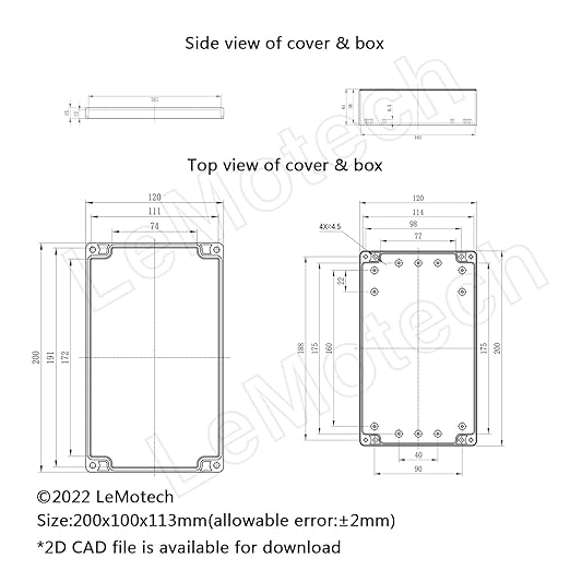 LeMotech Project Box ABS Plastic Junction Box IP65 Waterproof Hobby Box Electrical Boxes Universal Enclosure for Electronic Black 7.7X 4.6X 4.3 inch(200x120x113mm)（Pack of 1 - Image 8