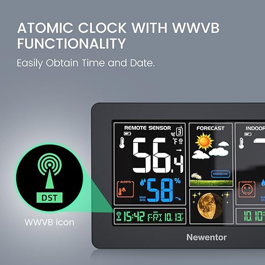 Newentor Weather Station Wireless Indoor Outdoor Thermometer, Color Display Digital Weather Thermometer with Atomic Clock, Barometric Pressure, Forecast Station with Adjustable Backlight,Black,3Sensor - Image 3
