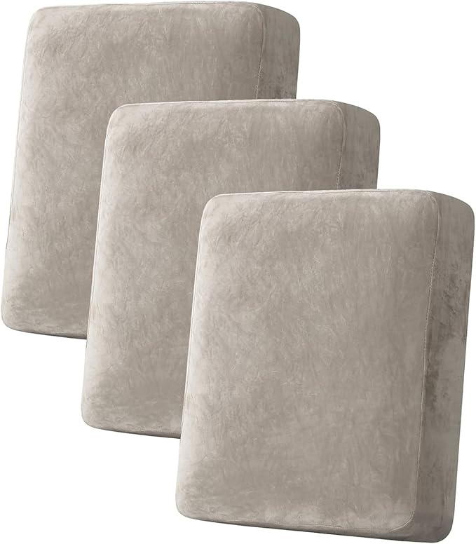 H.VERSAILTEX Velvet Stretch Couch Cushion Cover Plush Cushion Slipcover for Chair Loveseat Sofa Cushion Furniture Protector Seat Cushion Sofa Cover (3 Piece Sofa Cushion Covers, Oatmeal) by HVERSAILTEX