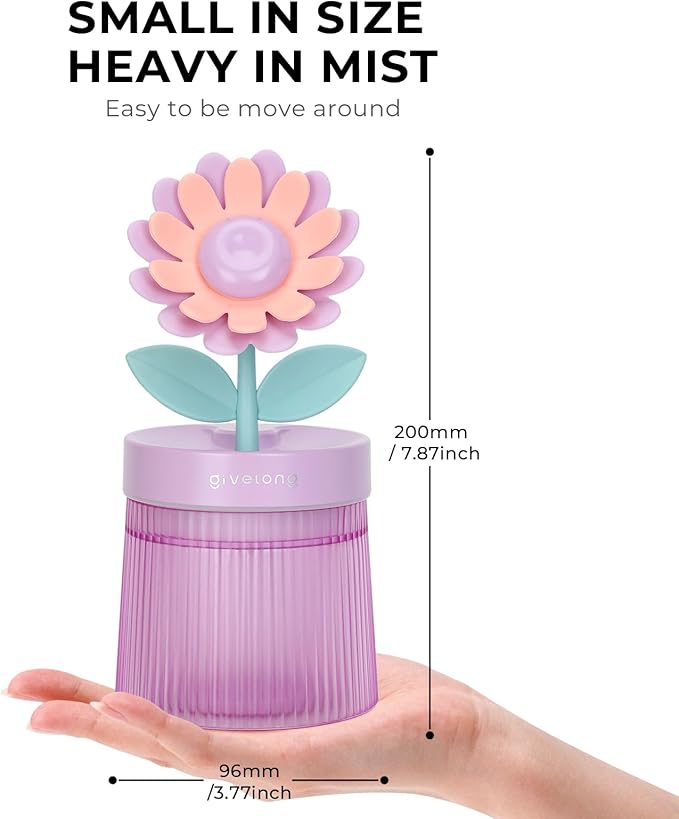 Sunflower Small Humidifier for Plant, Cool Mist Mini Humidifiers for Bedroom, Desk Personal Humidifiers with Diffuser for Indoor Office Car, Portable Humidifier for Travel - Purple 260ml - Image 4