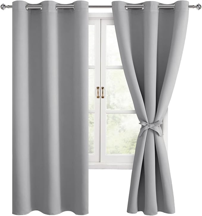 Hiasan Blackout Curtains for Bedroom, 38 x 63 Inches Length - Thermal Insulated & Light Blocking Window Curtains for Living Room, 2 Drape Panels Sewn with Tiebacks, Silver Grey by Hiasan