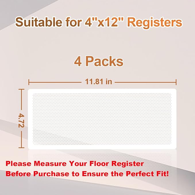 White Floor Register Vent Screen Cover 4"x12" Magnetic, Perfect for Wall/Ceiling/Floor Air Vent Filters (4-Packs) - Image 7
