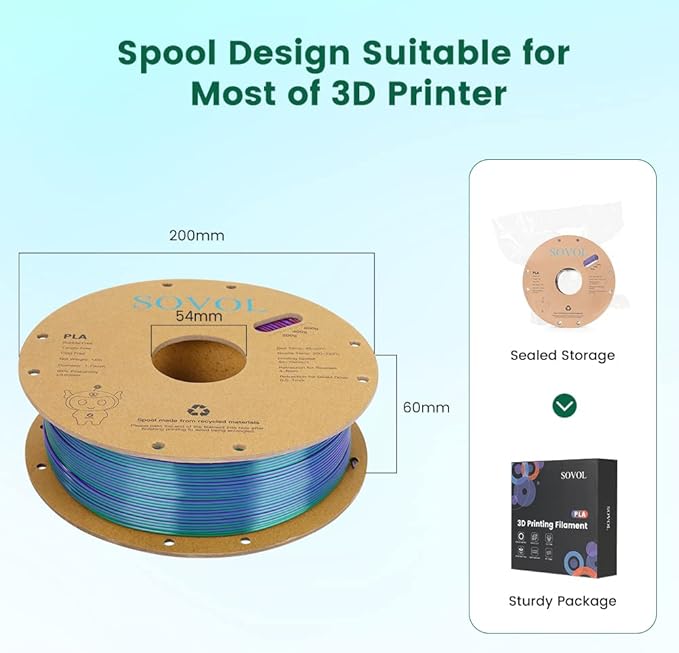 Sovol PLA Filament Silk Tri Color Co-Extrusion 1.75mm, 3D Printer Filament 1kg/ 2.2lbs, Shiny Silk Bronze Purple Green 3 in 1 Coextrusion PLA Material +/-0.03mm - Image 7
