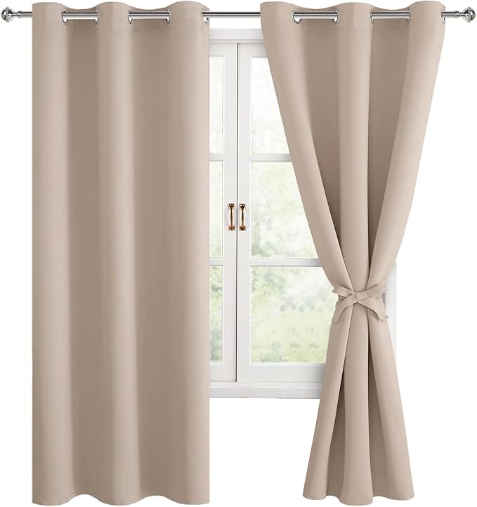 Hiasan Blackout Curtains for Bedroom, 42 x 72 Inches Long - Thermal Insulated & Light Blocking Window Curtains for Living Room/Kids Room, 2 Drape Panels Sewn with Tiebacks, Camel by Hiasan