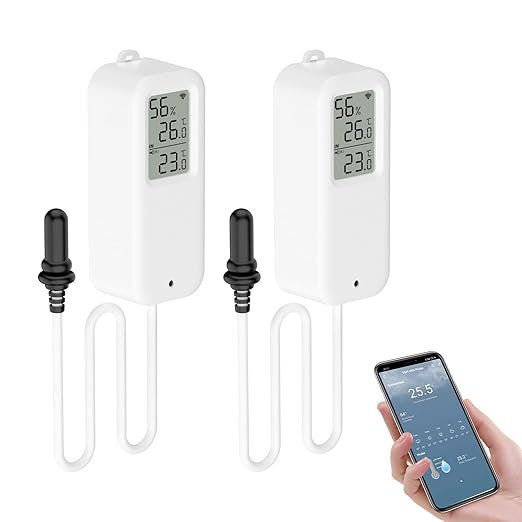 Aquarium Thermometer, Smart Fish Tank Thermometer App Monitor, Free Data Export ℉/℃, WiFi Hygrometer for Babyroom, Greenhouse, Fish Tank, Refrigerator, White 2 Pack with Screen by Chatthen