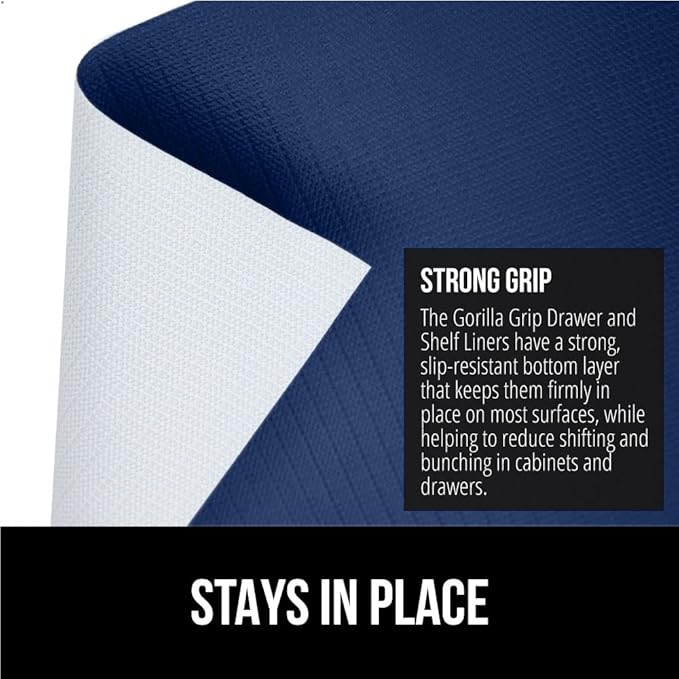 GORILLA GRIP DripGuard Shelf Liner, Non-Adhesive Drawer and Kitchen Cabinet Protector, Strong Grip Slip Resistant Underside, Smooth Surface Liners for Cabinets, Bathroom Closets, 12x240 in, Navy Blue - Image 3