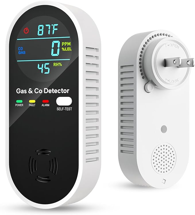 Carbon Monoxide Detectors & Natural Gas Detector, 4-in-1 Carbon Monoxide Detectors Plug in, Gas Leak Detector with Dual Alarms, Temperature & Humidity Sensor for Home, RV, Black, 1 Pack by VilfeLLC