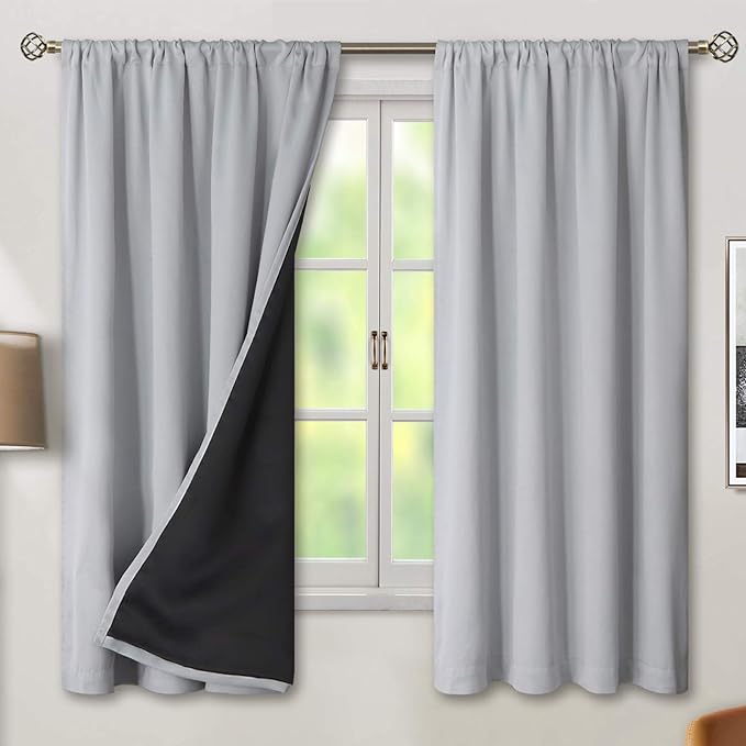 BGment Thermal Insulated 100% Blackout Curtains for Bedroom with Black Liner, Double Layer Full Room Darkening Noise Reducing Rod Pocket Curtain (52 x 63 Inch, Light Grey, 2 Panels) by BGment