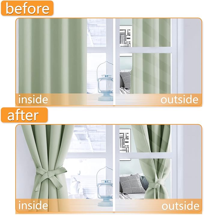 Hiasan Blackout Curtains for Bedroom, 42 x 84 Inches Long - Thermal Insulated & Light Blocking Window Curtains for Living Room/Kids Room, 2 Drape Panels Sewn with Tiebacks, Seafoam Green - Image 5