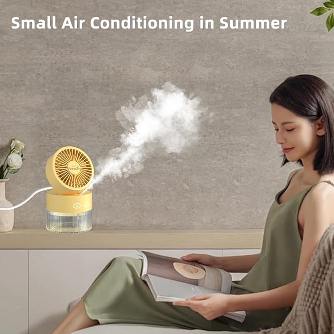 Personal Cooling Fan and Small Air Humidifier 350ml with LED Night Light, Desktop USB Charging Humidifier and Fan 3 in 1 for Office and Small Room, No Battery (Yellow) - Image 3