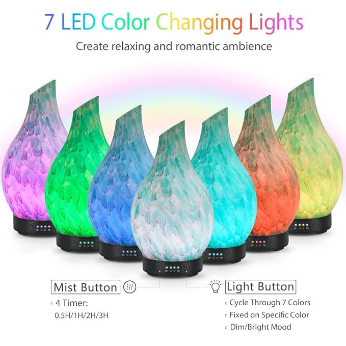 Essential Oil Diffuser 120ml Ultrasonic Aromatherapy Diffuser with Handmade Glass BPA Free, Auto Shut-Off 4 Timer Setting 7 Colors Changed LED for Home Yoga Office (Cobblestone) - Image 2