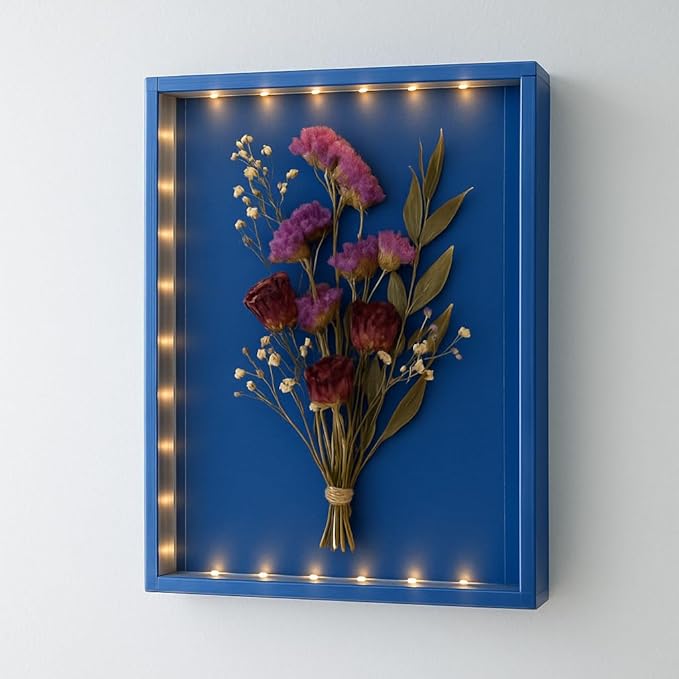 Dried Flowers Shadow Box with LED Light Dimmable Changeable Pictures Display Frame Wall-mounted & Tabletop Photo Album Display (Indigo) - Image 2