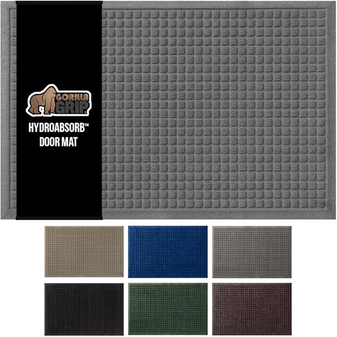 GORILLA GRIP Front Door Mat, 47x35, Indoor Outdoor Ultra Absorbent HydroAbsorb Doormat, Absorbs Up to 6 Cups of Water, Stain and Fade Resistant, Rubber Backing Doormats, Captures Dirt, Grey by GorillaGrip