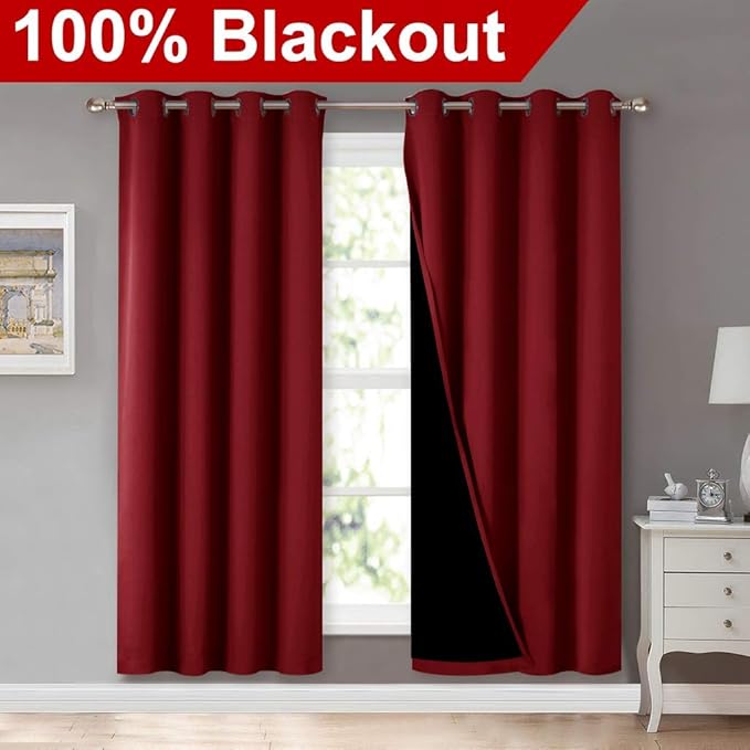 NICETOWN Living Room Completely Shaded Draperies, Privacy Protection & Noise Reducing Ring Top Drapes, Black Lined Insulated Decorative Curtain Panels(Burgundy Red, 2 Pieces, W52 x L72) - Image 2