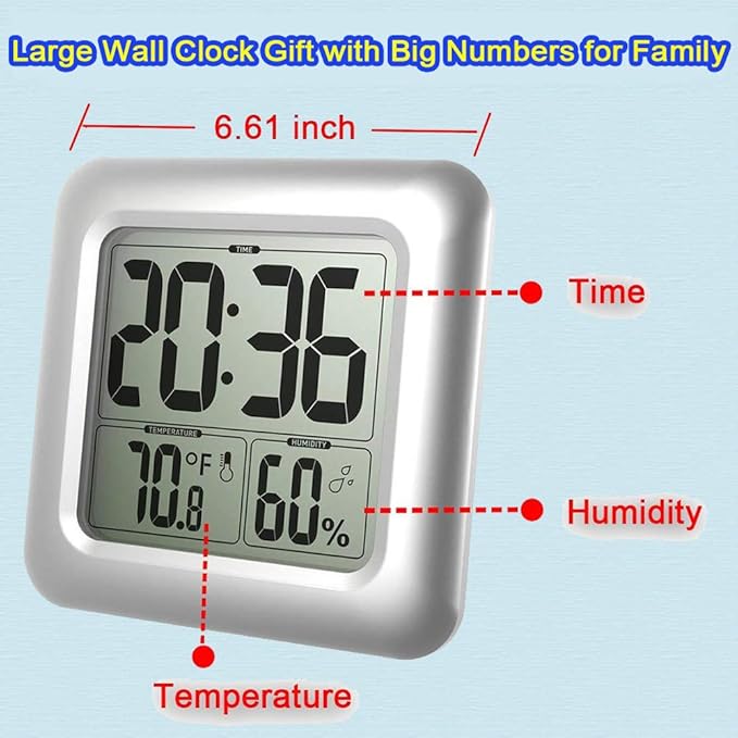 Large Waterproof Bathroom Shower Wall Clock, Big Digital Water Resistant Shatterproof Clock Thermometer Hygrometer for Bath, Temperature & Humidity Meter, Hanging & Table Standing & Mirror Suction Cup - Image 2