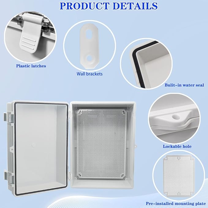 Waterproof Electrical Box with Mounting Plate 390x290x160mm, IP67 Junction Box Hinged Grey Cover ABS Project Boxes for Electronics DIY Enclosure with Wall Bracket and 2 Glands - Image 3