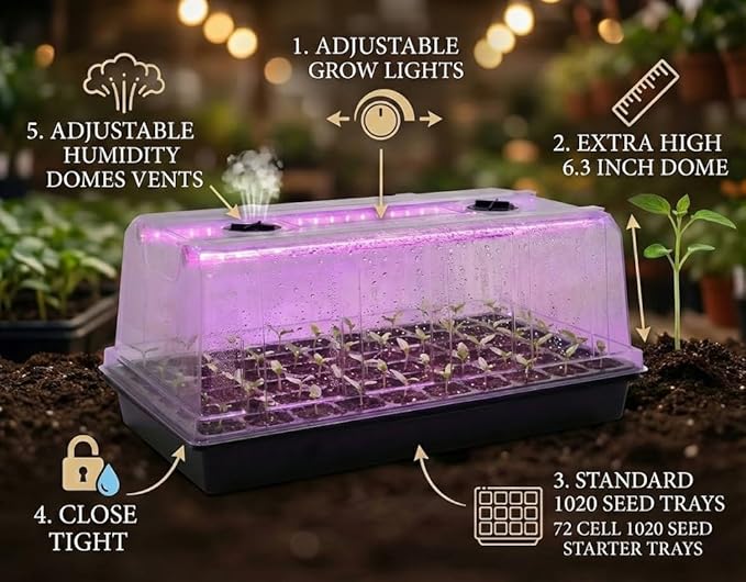 1020 Trays with Grow Light and 6.3" Humidity Dome - 4 Pack Heavy Duty Seed Trays with 72 Cell Plug Trays, Germination Kit with Timer and Dimmable LED - Reusable Plant Propagation Box for Gardening - Image 3