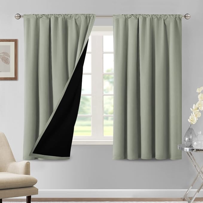 H.VERSAILTEX 100% Blackout Curtains for Bedroom Thermal Insulated Blackout Curtains for Living Room 63 Inches Long Rod Pocket Curtains with Black Liner 2 Panels Set, Light Sage by HVERSAILTEX