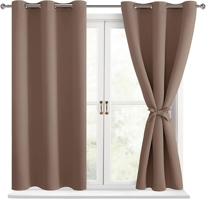 Hiasan Short Blackout Curtains for Bedroom - Thermal Insulated & Light Blocking Window Curtains for Living Room, 2 Drape Panels Sewn with Tiebacks, Cappuccino, 42 x 45 Inch by Hiasan