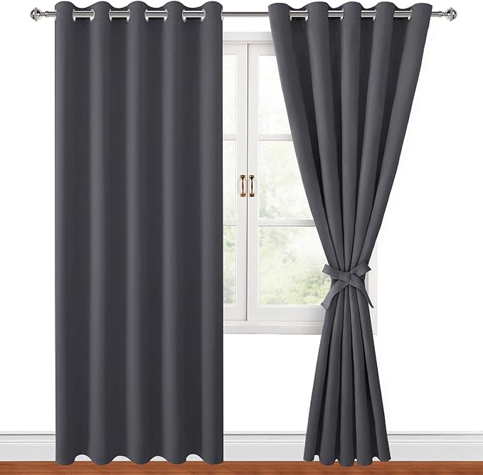 Hiasan Blackout Curtains for Bedroom, 60 x 84 Inches Long - Thermal Insulated & Light Blocking Window Curtains for Living Room, 2 Drape Panels Sewn with Tiebacks, Dark Grey by Hiasan